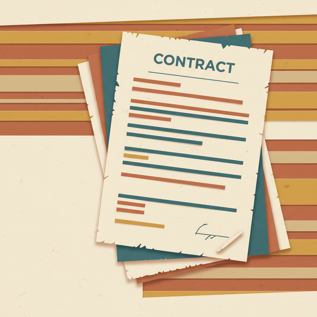 Stack of old-fashioned contract documents with "CONTRACT" title and a signature on top, on a striped background.
