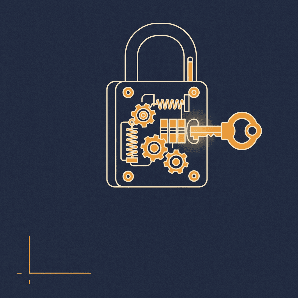 Outline of a padlock with visible gears and springs, a glowing key inserted.